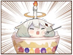 Rule 34 | 1girl, :o, ^ ^, ^o^, birthday cake, blush stickers, cake, candle, cheek poking, closed eyes, commentary request, emergency food, fire, food, fork, genshin impact, hair between eyes, hair ornament, kyutai x, looking at viewer, paimon (genshin impact), poking, short hair, sidelocks, simple background, solo, sweat, trembling, white hair