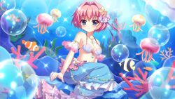 Rule 34 | 1girl, blue eyes, breasts, bubble, butterflyfish, cardboard cutout, cleavage, closed mouth, clownfish, coral, detached sleeves, dot nose, dutch angle, film grain, fish, game cg, hair intakes, hair ornament, hiiragi kae, izumi tsubasu, jellyfish, jewelry, lens flare, light rays, looking at viewer, medium breasts, mermaid costume, necklace, non-web source, official art, pink hair, purple ribbon, re:stage!, ribbon, seaweed, shell, shell bikini, short hair, smile, solo, sparkle, stage, star (symbol), star hair ornament, starfish, the little mermaid, underboob, wire