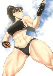 Rule 34 | 1girl, abs, absurdres, anagumasan, bare hips, bare shoulders, black panties, brown eyes, brown hair, capcom, chun-li, curvy, fighting stance, fingerless gloves, gloves, high ponytail, highres, legs apart, mixed martial arts, muscular, muscular female, panties, ponytail, shiny skin, solo, sports bra, sportswear, street fighter, thick thighs, thighs, thong, underwear