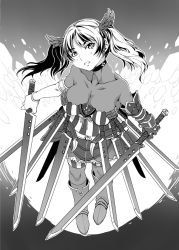 Rule 34 | 1girl, armor, breasts, cleavage, greyscale, large breasts, mizuryu kei, monochrome, ponytail, solo, sword, twintails, weapon