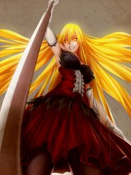 Rule 34 | 1girl, bakemonogatari, blonde hair, breasts, corset, dress, fangs, female focus, from below, gloves, glowing, glowing hair, gradient background, highres, kiss-shot acerola-orion heart-under-blade, large breasts, long hair, monogatari (series), oshino shinobu, pantyhose, red dress, skirt, smile, solo, sword, thighhighs, tony guisado, vampire, weapon, yellow eyes