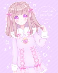 Rule 34 | 1girl, :o, blush, bow, braid, brown hair, collared dress, commentary request, crown braid, diagonal stripes, dress, dutch angle, english text, frilled shirt collar, frills, hair bow, heart, highres, himetsuki luna, long hair, long sleeves, looking at viewer, original, parted lips, pink bow, purple background, purple dress, purple eyes, sleeves past wrists, solo, speech bubble, star (symbol), striped, striped background