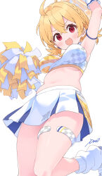 Rule 34 | 1girl, :d, arm up, armlet, armpits, blonde hair, blue archive, braid, breasts, commentary request, from below, hair between eyes, halo, highres, holding, holding pom poms, ima (lm ew), kotori (blue archive), kotori (cheer squad) (blue archive), looking at viewer, looking down, loose socks, low twintails, medium breasts, medium hair, navel, official alternate costume, official alternate hairstyle, open mouth, pleated skirt, pom pom (cheerleading), pom poms, red eyes, sidelocks, signature, simple background, single braid, skirt, sleeveless, smile, socks, solo, standing, standing on one leg, stomach, thighhighs, thighlet, twintails, underboob, white background, white socks, white thighhighs