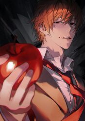 Rule 34 | 1boy, absurdres, apple, book, brown jacket, collared shirt, death note, fingernails, food, fruit, highres, holding, holding food, holding fruit, jacket, lips, looking at object, male focus, muksal, necktie, open book, orange hair, parted lips, pen, red eyes, red necktie, shirt, short hair, sidelocks, solo, teeth, upper body, white shirt, wispy bangs, yagami light