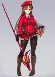 Rule 34 | 1girl, absurdres, beret, black gloves, black pantyhose, boots, breasts, brown eyes, brown hair, clothes lift, full body, gloves, gluteal fold, hat, highres, holding, holding sword, holding weapon, katana, knee boots, long sleeves, looking at viewer, necktie, original, pantyhose, red hat, red skirt, school uniform, simple background, skirt, skirt lift, smile, solo, standing, sword, toriatto gununu, weapon