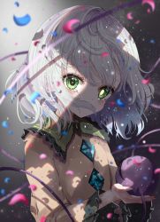 Rule 34 | 1girl, blurry, blurry foreground, covered mouth, frilled sleeves, frills, gradient background, green eyes, grey background, heart, heart of string, highres, kayon (touzoku), komeiji koishi, light particles, long sleeves, looking at viewer, no headwear, petals, shirt, short hair, solo, tears, third eye, touhou, upper body, white hair, yellow shirt