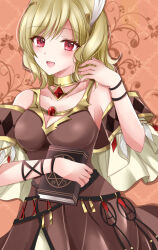 Rule 34 | 1girl, blonde hair, book, breasts, citrinne (fire emblem), cleavage, cleavage cutout, clothing cutout, dress, feather hair ornament, feathers, fire emblem, fire emblem engage, gem, gold trim, hair ornament, highres, holding, holding book, jewelry, kirishima riona, looking at viewer, medium breasts, necklace, nintendo, open mouth, red eyes, smile, solo