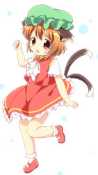Rule 34 | 1girl, :o, animal ears, brown eyes, brown hair, cat ears, cat tail, chen, dress, earrings, full body, hat, jewelry, mary janes, mob cap, multiple tails, nekomata, pila-pela, red dress, shoes, short hair, short sleeves, simple background, single earring, solo, tail, touhou, two tails