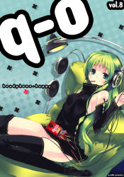 Rule 34 | detached sleeves, dress, food, green eyes, green hair, headphones, highres, mouth hold, original, pocky, refeia, solo, thighhighs