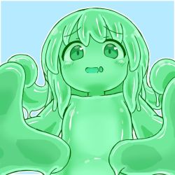 Rule 34 | 1girl, :d, blue background, blush, border, colored sclera, colored skin, curss, from below, green eyes, green hair, green sclera, green skin, looking at viewer, monster girl, one-hour drawing challenge, open mouth, outline, pov, simple background, slime girl, smile, solo, upper body, white border, white outline