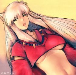 Rule 34 | 1girl, animal ears, breasts, breasts apart, demon, dog ears, fumio (rsqkr), genderswap, genderswap (mtf), inuyasha, inuyasha (character), large breasts, long hair, no bra, silver hair, solo, underboob, yellow background, yellow eyes