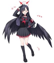 Rule 34 | 1girl, ^ ^, armband, black footwear, black gloves, black hair, black serafuku, black skirt, black socks, black wings, blue archive, closed eyes, commentary request, full body, gloves, hair ornament, hairclip, halo, hand on own hip, highres, ichika (blue archive), kneehighs, long hair, long sleeves, low wings, mofujiro, oekaki, pleated skirt, red armband, red halo, salute, school uniform, serafuku, shoes, skirt, smile, socks, solo, thighs, wings