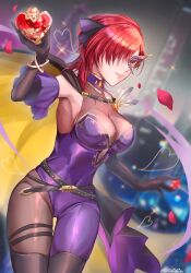 Rule 34 | 1girl, belt, blurry, bodysuit, boots, bottle, bracelet, breasts, cape, depth of field, elbow gloves, fire emblem, fire emblem: the blazing blade, fire emblem heroes, gloves, hair ornament, hair over one eye, half mask, highres, holding, jewelry, large breasts, leila (fire emblem), leila (thief) (fire emblem), mask, mole, mole under mouth, nintendo, official alternate costume, perfume bottle, red eyes, red hair, short hair, skin tight, smile, solo, thigh boots, thighhighs, youhei choregi