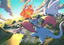 Rule 34 | black eyes, closed mouth, cloud, creatures (company), flying, forest, game freak, gen 3 pokemon, gen 4 pokemon, highres, legendary pokemon, looking at another, mesprit, mountainous horizon, nature, nintendo, open mouth, outdoors, pokemon, pokemon (creature), q-chan, river, salamence, sky, sunset, togekiss, tree, yellow eyes