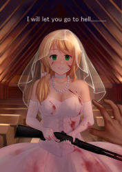 Rule 34 | 1girl, absurdres, backlighting, bad id, bad pixiv id, bare shoulders, bench, benelli m4 super 90, blank eyes, blonde hair, blood, blood on clothes, blood on face, bloody clothes, bloody dress, blush, breasts, bride, choker, church, cleavage, collarbone, corset, cross-laced clothes, dark, dress, elbow gloves, ellen baker, empty eyes, english text, engrish text, eyebrows, finger on trigger, gloves, green eyes, gun, highres, holding, holding gun, holding weapon, indoors, jewelry, large breasts, looking at viewer, md5 mismatch, moegirlstudio, necklace, new horizon, out of frame, pearl necklace, pov, pov hands, profanity, ranguage, see-through, shotgun, solo focus, strapless, strapless dress, teacher, text focus, veil, weapon, wedding dress, white gloves, yandere