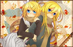 Rule 34 | 2girls, blonde hair, blue eyes, casual, colorized, hair ornament, hairclip, kagamine rin, lily (vocaloid), multiple girls, scarf, ui (rot), vocaloid