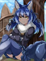 Rule 34 | 1girl, absurdres, animal ear fluff, animal ears, blue hair, blue thighhighs, commentary request, crossed arms, day, dire wolf (kemono friends), empty eyes, feet out of frame, garter straps, gradient hair, grin, hair between eyes, highres, japari symbol, kemono friends, knees up, long hair, long sleeves, looking at viewer, miniskirt, multicolored hair, outdoors, parted lips, plaid, plaid skirt, plaid sleeves, pleated skirt, shi (kamokamo910), sitting, skirt, smile, solo, sweater, tail, thighhighs, twintails, wolf ears, wolf girl, wolf tail, yellow eyes, zettai ryouiki