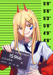 Rule 34 | 1girl, absurdres, bandaid, bandaid on cheek, bandaid on face, bandaid on neck, barbie mugshot (meme), black necktie, blonde hair, breasts, chainsaw man, commentary, cross-shaped pupils, ear piercing, hair between eyes, hair ornament, hairpin, hand on own hip, height chart, highres, holding, holding sign, horns, jacket, kiunchiku, loose necktie, meme, mugshot, necktie, open mouth, orange eyes, piercing, power (chainsaw man), red horns, red jacket, sharp teeth, sign, small breasts, smile, solo, symbol-shaped pupils, teeth, upper body