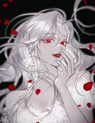 Rule 34 | 1girl, bosssama, colored eyelashes, dark background, earrings, evil grin, evil smile, glint, grin, hand up, jewelry, korean commentary, long hair, looking at viewer, original, parted lips, pedal, portrait, red eyes, red lips, smile, solo, teeth, white hair