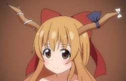 Rule 34 | 1girl, anime coloring, bad id, bad pixiv id, bare shoulders, bow, brown background, brown eyes, hair bow, horn ornament, horn ribbon, horns, ibuki suika, long hair, looking at viewer, mikomiko (mikomikosu), orange hair, portrait, ribbon, simple background, smile, solo, touhou