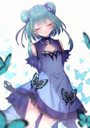 Rule 34 | 1girl, arms behind back, blue butterfly, blue dress, blue hair, blue ribbon, blush, bug, butterfly, closed eyes, closed mouth, double bun, dress, earrings, facing viewer, frilled dress, frills, green hair, hair bun, hair ornament, highres, hololive, insect, jewelry, long hair, multicolored hair, ribbon, skull earrings, skull hair ornament, smile, solo, streaked hair, tauta (meshia8787), uruha rushia, uruha rushia (1st costume), virtual youtuber