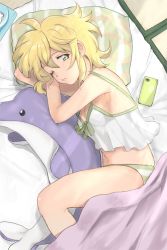 Rule 34 | 1girl, akatsuki kirika, bed sheet, blonde hair, breasts, cellphone, cleavage, closed mouth, from above, green eyes, green ribbon, highres, lying, midriff, navel, on side, one eye closed, panties, phone, pillow, ribbon, runawate56, senki zesshou symphogear, shiny skin, short hair, sideboob, sleeveless, small breasts, smartphone, solo, stomach, striped clothes, striped panties, tears, under covers, underwear, underwear only