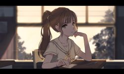 Rule 34 | 1girl, blurry, blurry background, brown eyes, brown hair, classroom, collarbone, desk, hair ribbon, highres, indoors, kai1up, letterboxed, long hair, original, parted lips, pen, ponytail, ribbon, sailor collar, school, school uniform, shirt, short sleeves, sitting, solo, upper body, white sailor collar, white shirt, yellow neckwear, yellow ribbon