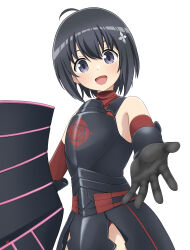 Rule 34 | 1girl, :d, absurdres, ahoge, armor, armored skirt, bare shoulders, black armor, black gloves, black hair, bob cut, breastplate, commentary, elbow gloves, gloves, hair between eyes, hair ornament, head tilt, highres, holding, holding shield, itai no wa iya nano de bougyoryoku ni kyokufuri shitai to omoimasu, light blush, looking at viewer, maple (bofuri), nao suke, open hand, open mouth, outstretched arm, outstretched hand, panties, panty peek, purple eyes, reaching, reaching towards viewer, red gloves, red panties, red shirt, shield, shirt, short hair, simple background, sleeveless, sleeveless turtleneck, smile, solo, standing, tower shield, turtleneck, underwear, upper body, white background