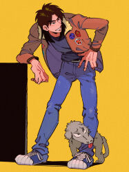 Rule 34 | 1boy, black eyes, black shirt, blue footwear, blue pants, bomber jacket, brown hair, brown jacket, commentary request, dog, fingernails, grin, inudori, itou kaiji, jacket, kaiji, leaning forward, long hair, long sleeves, looking afar, male focus, medium bangs, open clothes, open jacket, pants, patch, shirt, shoes, simple background, smile, sneakers, solo, standing, yellow background