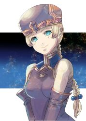 Rule 34 | 1girl, bare shoulders, blonde hair, blue eyes, braid, breasts, brown hat, closed mouth, elbow gloves, frei (valkyrie profile), gloves, hair ornament, hat, highres, long hair, looking at viewer, medium breasts, sidelocks, single braid, small breasts, smile, solo, utooooo, valkyrie profile (series)