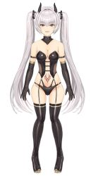 Rule 34 | 1girl, arm strap, armpit crease, bare shoulders, black gloves, black panties, black thighhighs, bondage outfit, breasts, commentary request, demon horns, dominatrix, elbow gloves, full body, garter straps, gloves, grey hair, hair belt, hakaba (dairiseki), highres, horns, long hair, looking at viewer, medium breasts, navel, official art, open mouth, panties, red eyes, second-party source, solo, standing, stomach, stomach tattoo, tama project, tattoo, thighhighs, twintails, underwear, very long hair, virtual youtuber, weiss anne