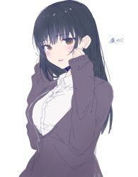 Rule 34 | 1girl, black cardigan, black hair, blush, boku no kokoro no yabai yatsu, breasts, brown eyes, cardigan, collared shirt, commentary request, dress shirt, hands up, heremia, highres, long hair, long sleeves, looking at viewer, medium breasts, parted lips, shirt, simple background, sleeves past wrists, solo, sweat, upper body, white background, white shirt, yamada anna