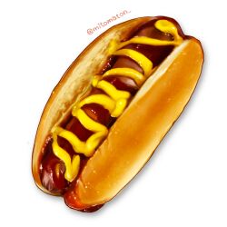 Rule 34 | artist name, food, food focus, highres, hot dog, hot dog bun, ketchup, mitomaton, mustard, no humans, original, realistic, simple background, still life, twitter username, white background