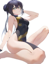Rule 34 | 1girl, absurdres, bare shoulders, barefoot, black gloves, black hair, blue archive, blue eyes, breasts, china dress, chinese clothes, dragon print, dress, gloves, hair bun, highres, kisaki (blue archive), long hair, looking at viewer, parted lips, sideboob, simple background, single hair bun, sleeveless, sleeveless dress, solo, uthspsk, white background