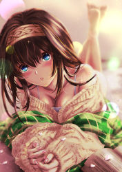 Rule 34 | 1girl, artist request, bad id, bad pixiv id, bare shoulders, barefoot, blue eyes, blurry, blurry background, blush, breasts, brown hair, cleavage, depth of field, feet, feet up, hair between eyes, hairband, highres, idolmaster, idolmaster cinderella girls, large breasts, long hair, long sleeves, looking at viewer, lying, off-shoulder sweater, off shoulder, on stomach, sagisawa fumika, shawl, solo, sparkle, sweater, the pose