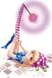 Rule 34 | 1girl, american flag dress, american flag legwear, between toes, clothes pull, clownpiece, collar, dressing, feet, frilled collar, frilled shirt collar, frills, full body, hat, highres, holding with feet, jester cap, leg up, long hair, looking at viewer, looking back, lying, no shoes, on back, pantyhose, pantyhose pull, polka dot, red eyes, short sleeves, shounen (hogehoge), simple background, smile, solo, star (symbol), striped clothes, striped pantyhose, toe hold, torch, touhou, very long hair, white background