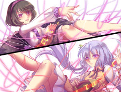 Rule 34 | 2girls, bad id, bad pixiv id, beamed quavers, biwa lute, black skirt, blouse, brown hair, chain, crochet, dress, hair ornament, hairband, highres, instrument, layered dress, leg lift, light purple hair, long sleeves, looking at viewer, low twintails, lute (instrument), multiple girls, musical note, nga (ray ray), outstretched hand, parted lips, purple eyes, quaver, reclining, shirt, siblings, sisters, skirt, smile, split screen, staff (music), touhou, tsukumo benben, tsukumo yatsuhashi, twintails, white shirt