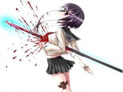 Rule 34 | 1girl, blood, blue eyes, ero guro, from side, game cg, guro, impaled, in&#039;youchuu, in&#039;youchuu shoku, pleated skirt, school uniform, short hair, simple background, skirt, solo, white background