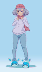 Rule 34 | 1girl, alternate costume, archived source, beanie, blue background, creatures (company), dark-skinned female, dark skin, drawfag, full body, game freak, gen 4 pokemon, glaceon, gradient background, hat, highres, looking at viewer, nintendo, pokemon, pokemon xy, purple hair, red hat, scarf, sina (pokemon), smile, solo, split mouth, standing, sweater, themed object
