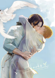 Rule 34 | 2boys, animal, arms around neck, arms around waist, belt, bird, black belt, black hair, closed eyes, cloud, coat, commentary, couple, cowboy shot, curly eyebrows, curly hair, english commentary, english text, flying, hattori (one piece), highres, hug, kaku (one piece), kiss, long coat, long hair, long sleeves, male focus, multiple boys, natagoku2, one piece, orange hair, pants, profile, rob lucci, shirt, short hair, short sleeves, sky, sleeve cuffs, white coat, white pants, white shirt, yaoi