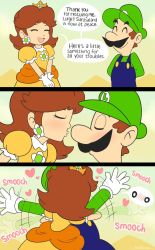 Rule 34 | 1boy, 1girl, arms up, blush, brown hair, comic, crown, domestic hedgehog, dress, earrings, english text, closed eyes, facial hair, flower earrings, gloves, grin, happy, hat, heart, hetero, highres, holding, hug, jewelry, kiss, luigi, mario (series), mustache, nintendo, open mouth, orange dress, princess daisy, puffy short sleeves, puffy sleeves, short hair, short sleeves, smile, speech bubble, standing, super mario bros. 1, super mario land, white gloves