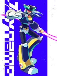 Rule 34 | 1boy, android, armor, beam saber, character name, double bladed lightsaber, dynamo (mega man), energy blade, energy sword, full armor, head-mounted display, helmet, holding, holding weapon, lightsaber, medium hair, mega man (series), mega man x5, mega man x (series), simple background, sword, sznami129, weapon, white hair