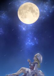 Rule 34 | 1girl, bare shoulders, blonde hair, breasts, fairy tail, japanese clothes, large breasts, long hair, moon, night, night sky, red eyes, selene (fairy tail), shooting star, sky, star (sky), starry sky