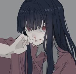 Rule 34 | 1girl, angry, black hair, blood, blood from mouth, close-up, constricted pupils, frilled shirt collar, frills, grey background, hair between eyes, hand up, highres, hime cut, houraisan kaguya, japanese clothes, long sleeves, looking at viewer, nail polish, nanasuou, nosebleed, pink nails, pink shirt, shirt, sidelocks, simple background, smirk, solo, touhou, upper body, wide sleeves, wiping mouth