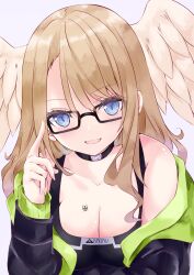 Rule 34 | 1girl, :d, bare shoulders, black-framed eyewear, black bodysuit, black choker, black jacket, blue eyes, bodysuit, breasts, brown hair, choker, cleavage, collarbone, eunie (xenoblade), feathered wings, glasses, hand up, head wings, highres, jacket, long hair, long sleeves, looking at viewer, medium breasts, nanase nao, off shoulder, open clothes, open jacket, open mouth, purple background, simple background, sleeveless, sleeveless bodysuit, sleeves past wrists, smile, solo, white wings, wings, xenoblade chronicles (series), xenoblade chronicles 3