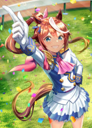 Rule 34 | 1girl, absurdres, animal ears, ascot, blush, brown hair, cape, confetti, gloves, gushi, hand on own hip, highres, horse ears, horse girl, horse tail, jacket, looking up, multicolored hair, pink ascot, pink cape, pointing, skirt, smile, solo, streaked hair, sunlight, tail, tokai teio (umamusume), umamusume, white gloves, white hair, white jacket, white skirt