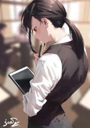 1boy 2girls blurry blurry_background brown_eyes brown_hair closed_mouth commentary_request holding holding_stylus jonsun long_sleeves looking_down multiple_girls original pen ponytail shiori_(jonsun) signature solo_focus stylus tablet_pc