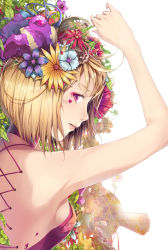 Rule 34 | 1girl, armpits, bad id, bad pixiv id, blonde hair, breasts, choker, doll, eyeshadow, face, flower, highres, jewelry, jname, light smile, lips, looking back, lying, makeup, on back, original, profile, purple eyes, ring, sideboob, sideways, small breasts, solo, when you see it