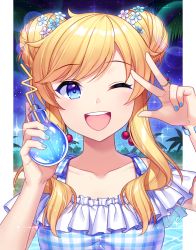Rule 34 | 1girl, ;d, arm up, bare shoulders, blue nails, blush, cherry earrings, collarbone, crazy straw, cup, double bun, drinking straw, earrings, flower, food-themed earrings, food themed earrings, hair bun, hair flower, hair ornament, highres, holding, holding cup, idolmaster, idolmaster cinderella girls, idolmaster cinderella girls starlight stage, jenevan, jewelry, lightning bolt symbol, looking at viewer, nail polish, night, night sky, ohtsuki yui, one eye closed, open mouth, outdoors, outside border, ring, round teeth, sidelocks, sky, smile, solo, sparkle, swept bangs, teeth, upper teeth only, v