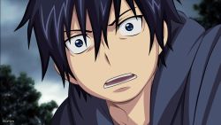 Rule 34 | 1boy, ao no exorcist, black hair, blue eyes, highres, looking at viewer, male focus, morrow (hitodama-x), okumura rin, open mouth, portrait, sky, solo